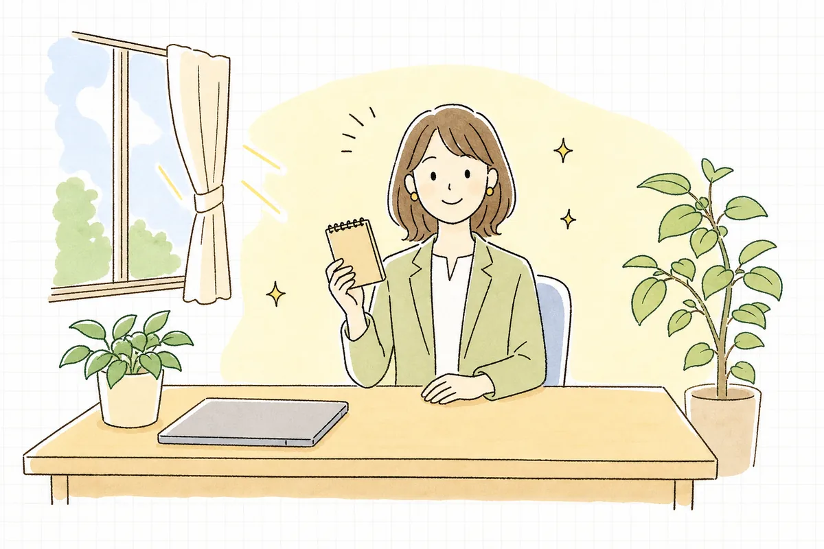 明るいオフィスでメモを片手に、すっきりと前を向いて穏やかにほほえんでいる企業のWEB担当者