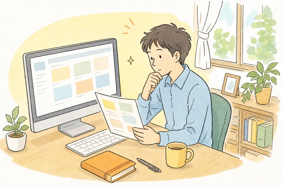 パソコンで自社サイトのページ一覧を開き、URLをどう変えるか手元のメモと見比べながら慎重に考えている企業のWEB担当者
