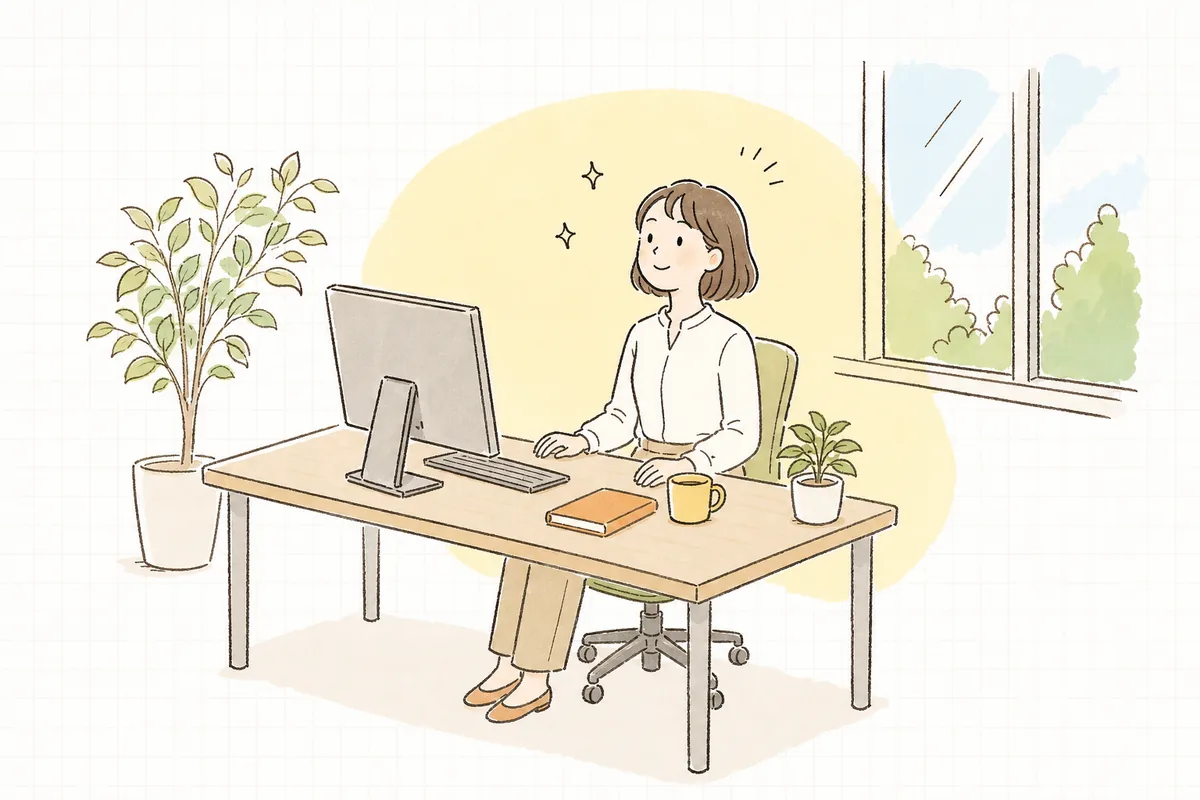 明るいオフィスで、URLの引っ越しを無事に終えて画面を確認し、ほっとして前を向いている企業のWEB担当者