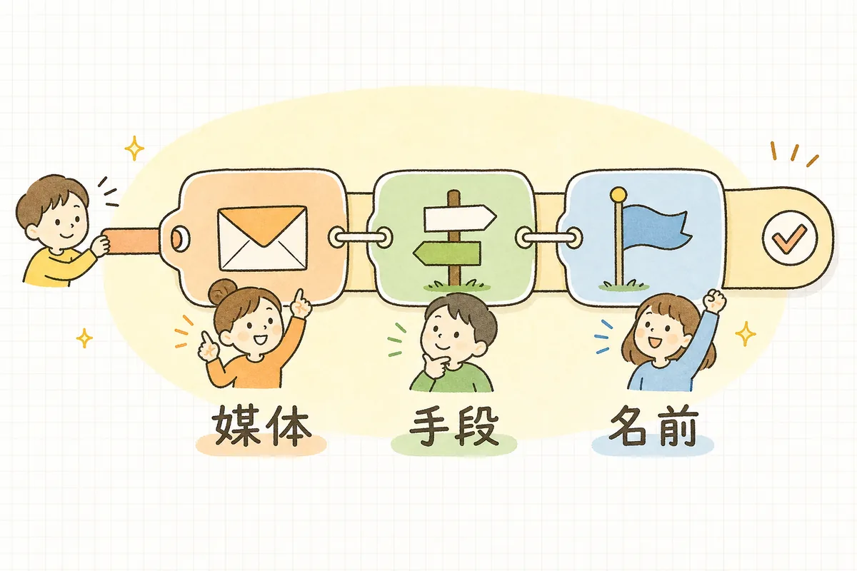 元のリンクの後ろに媒体・手段・名前の3つの印を足すとUTM付きリンクになることを示した概念図