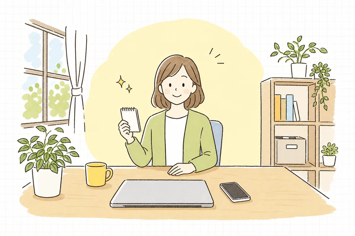 明るいオフィスでスマートフォンとメモを手に、配布ごとの手応えがつかめて落ち着いた表情で前を向いている企業のWEB担当者