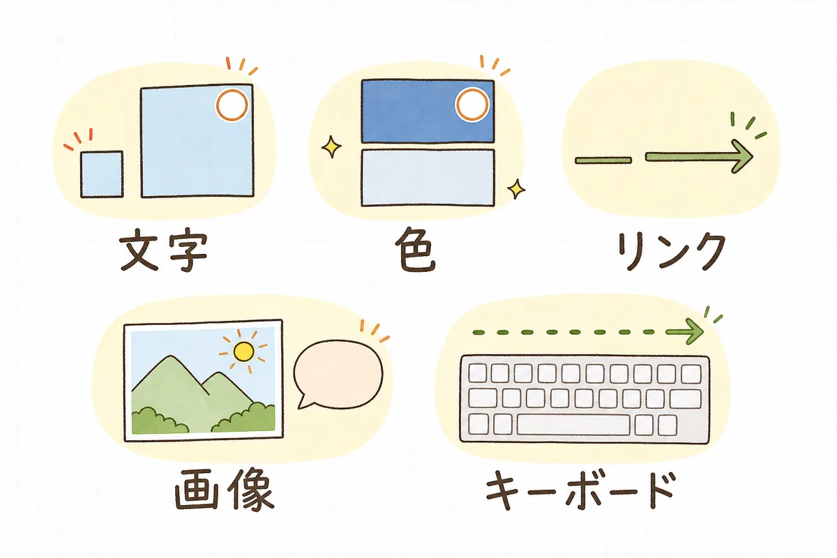 今日見直せる5つの観点「文字」「色」「リンク」「画像」「キーボード」を並べた図