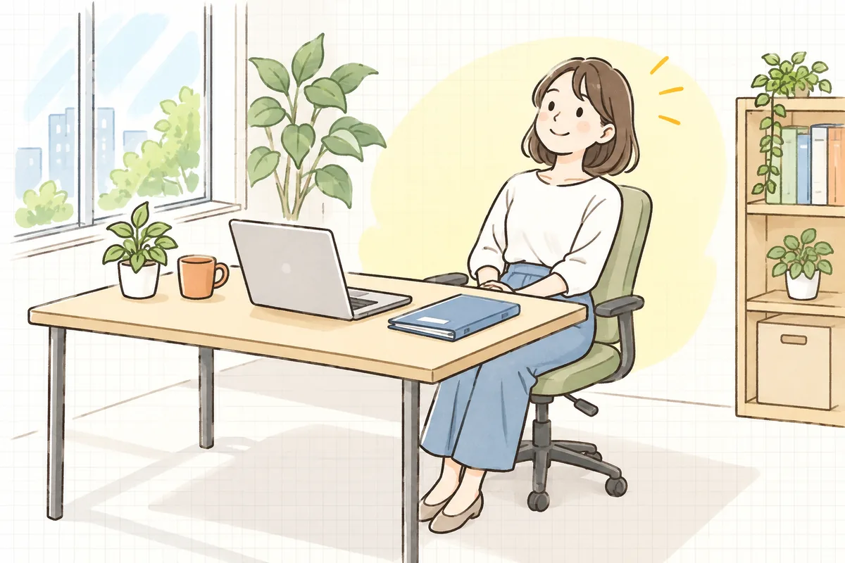 整理されたやり取りを確かめ終え、すっきりした笑顔でノートパソコンの前で一息ついている企業のWEB担当者