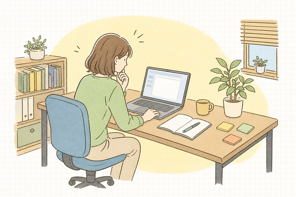 オフィスの机で、制作会社へ送る依頼メールの文面に迷いながらパソコンの画面を見つめている企業のWEB担当者
