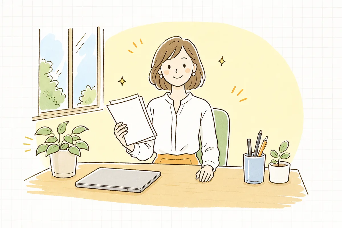 整理し終えた依頼書を手に、明るい表情で前を向いている企業のWEB担当者