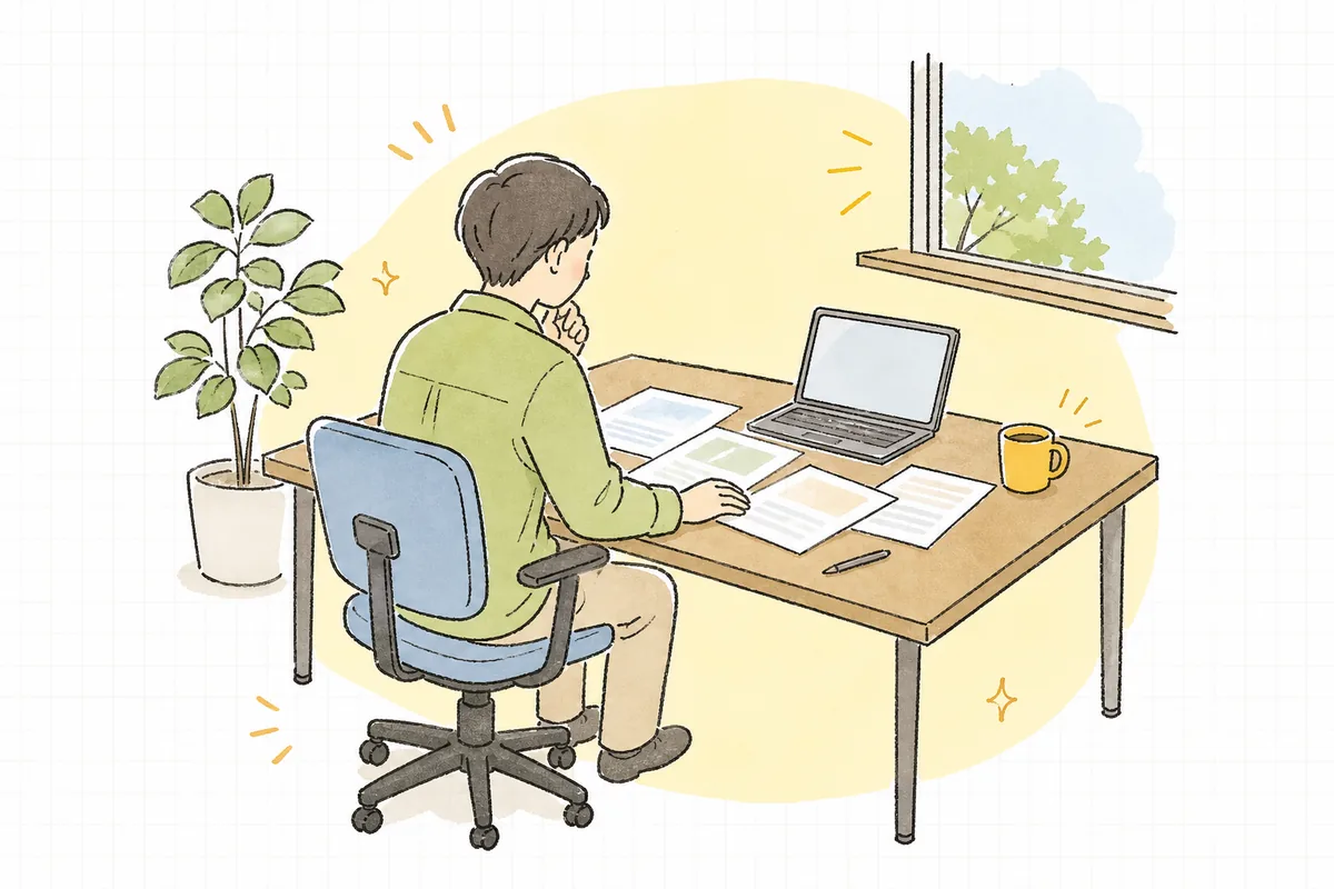 オフィスの机で、これまでの制作会社との契約書類とパソコンを前に、乗り換えを考えて少し思案している企業のWEB担当者