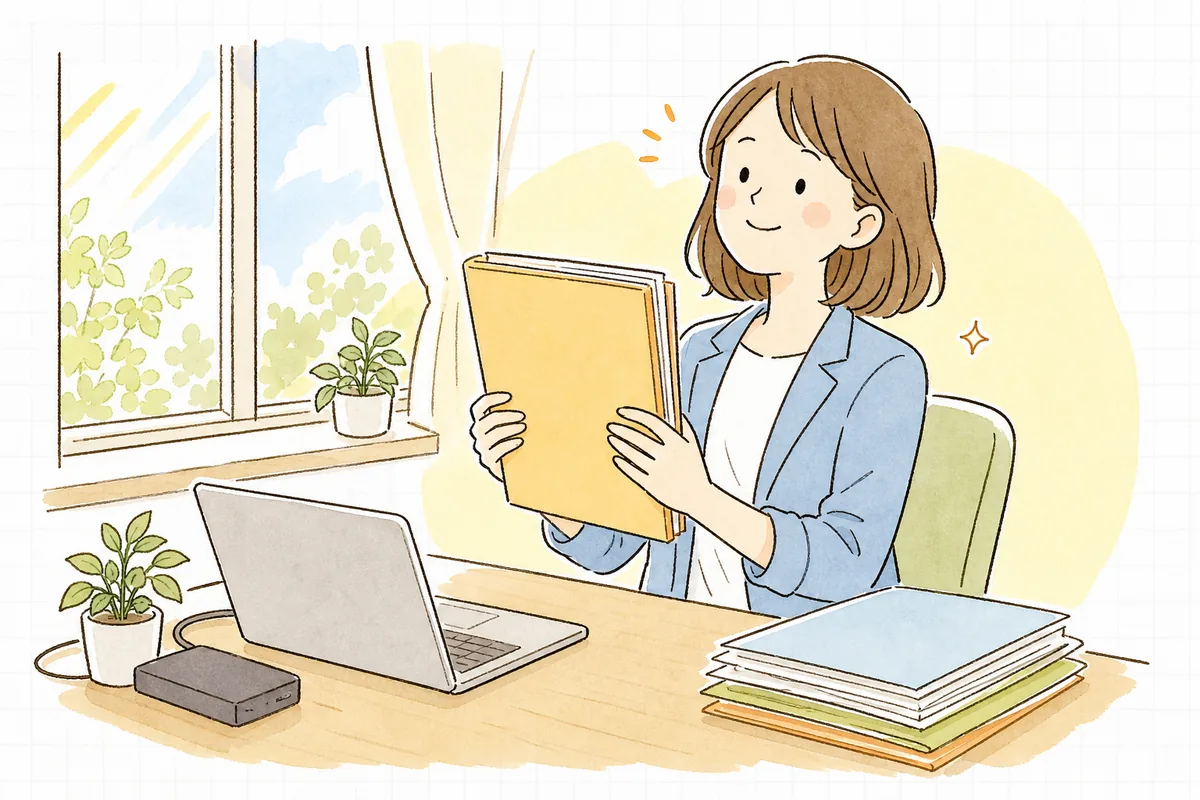 必要な資料とデータを手元にそろえ終えて、次の相談先へ持っていく準備ができ、少しほっとした表情の企業のWEB担当者