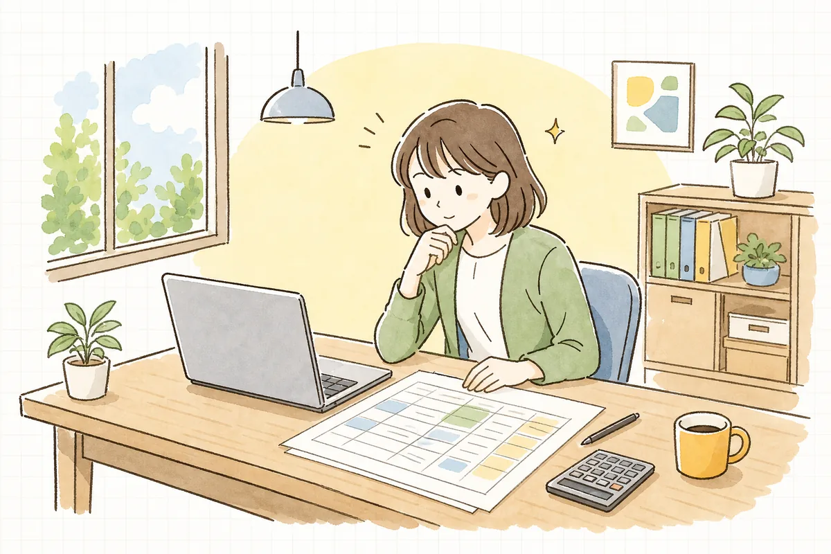 静かなオフィスの机で、来年のWEB予算の表を前に、どこから書き出そうかと少し考え込んでいる一人の企業のWEB担当者