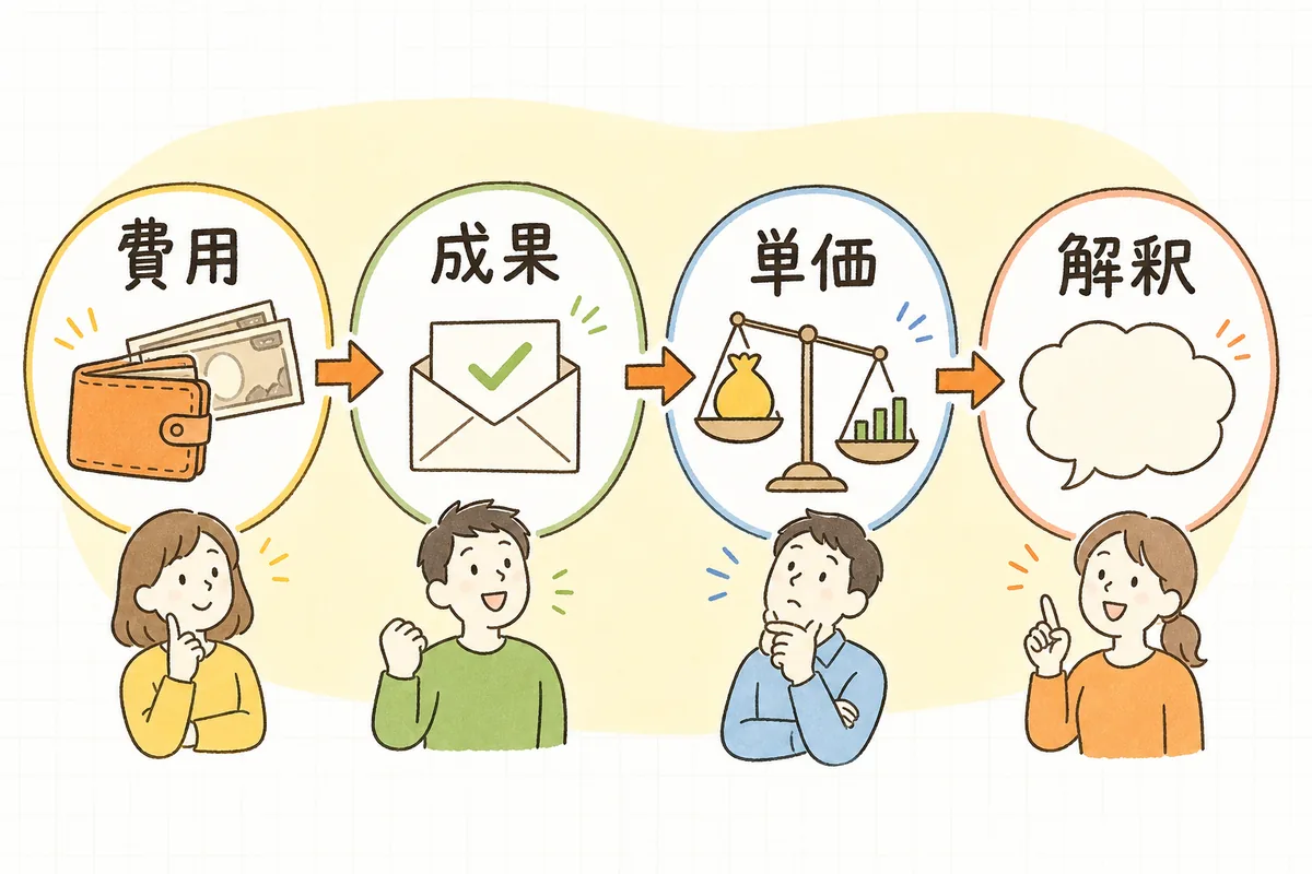 費用対効果を説明する4つのステップ「費用・成果・単価・解釈」を順番に並べた概念図