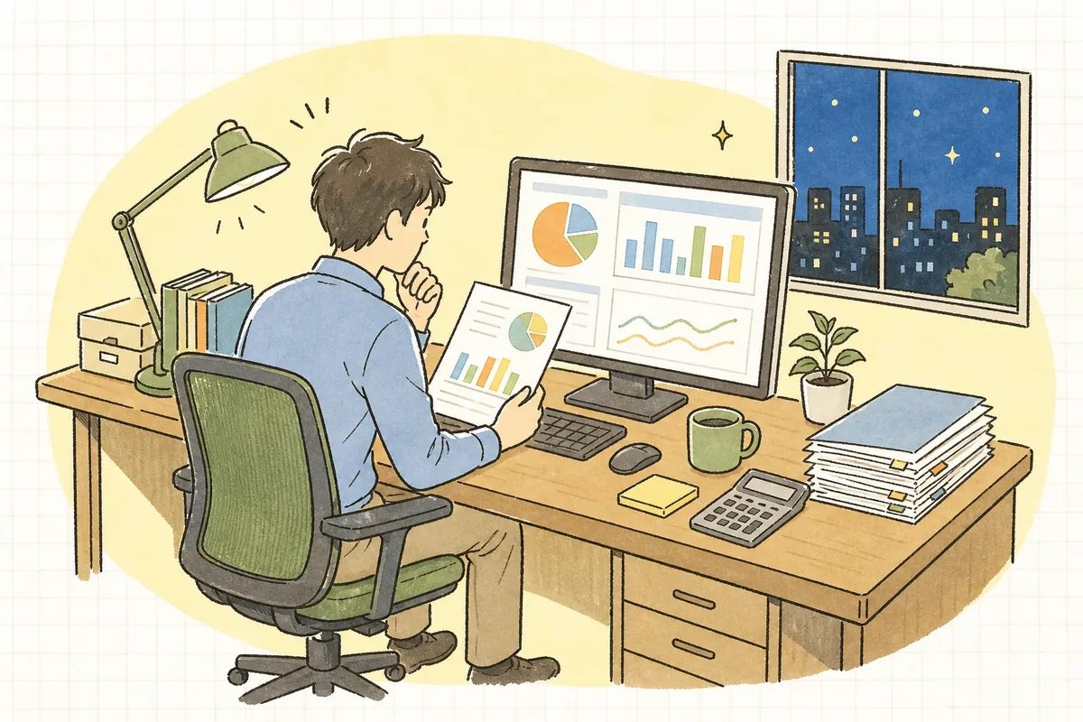 会議の前の夜、費用と成果の資料を前に、どう説明しようか少し考え込んでいる企業のWEB担当者