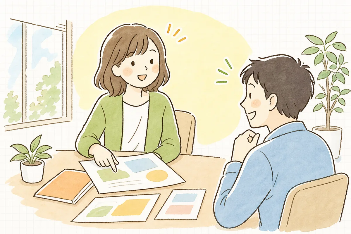 会議で費用と成果の資料をやわらかい表情で説明し、相手にうなずいてもらえている企業のWEB担当者