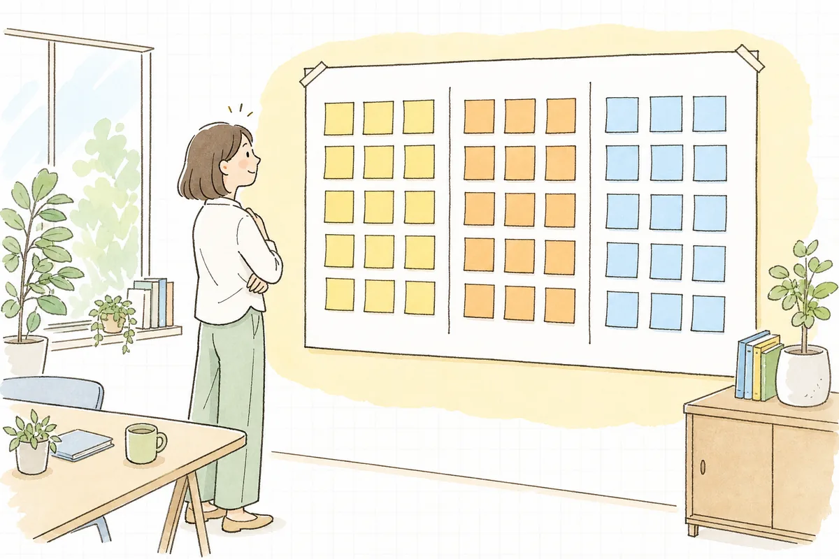 3つに分けて貼った付箋のボードの前で、すこし肩の力を抜いてほほえんでいる企業のWEB担当者