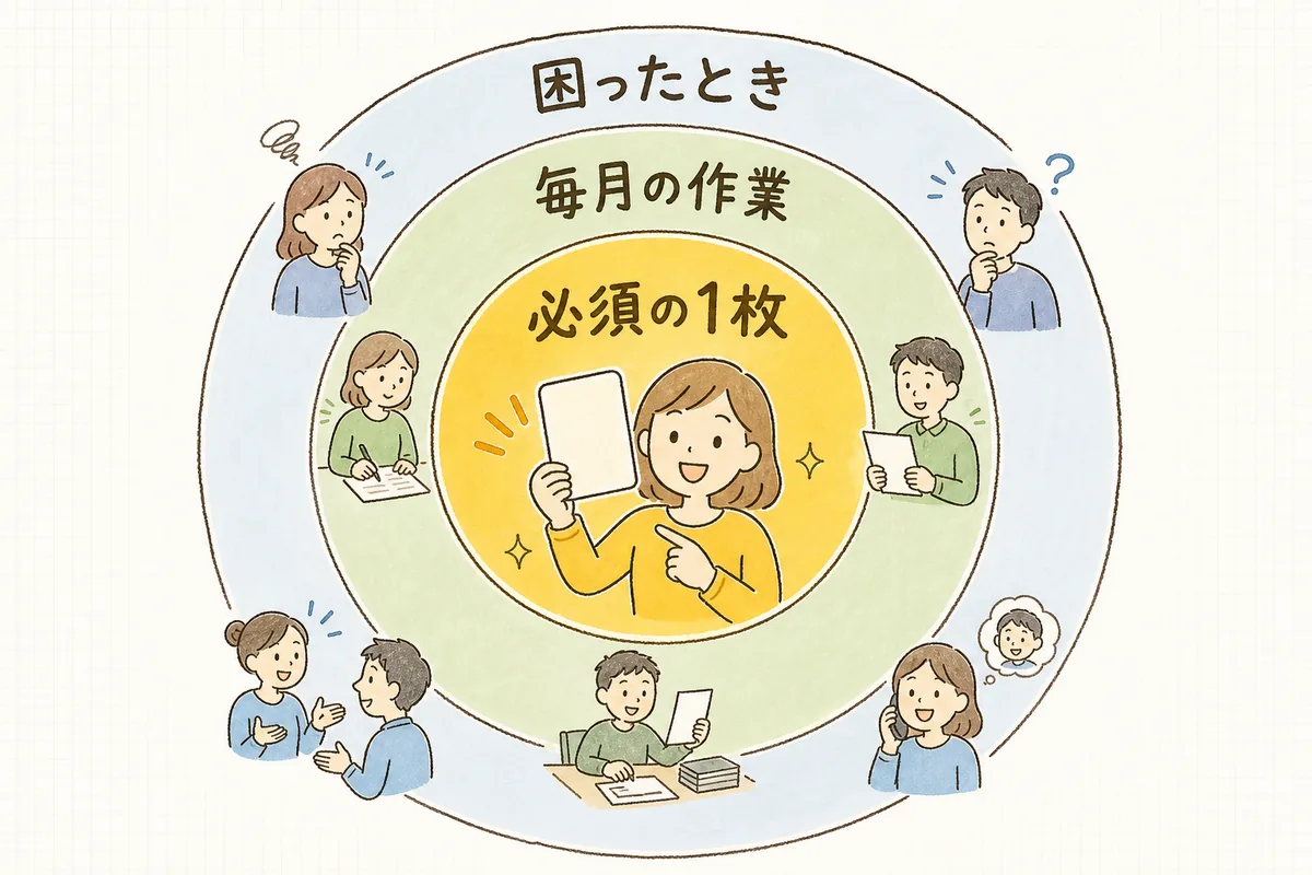 引き継ぎ資料を「まず必須の1枚」から少しずつ足していく3段階の概念図