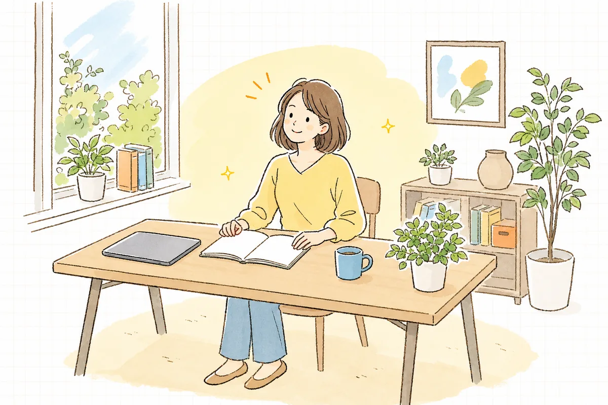 明るいオフィスで、まとまった引き継ぎ資料を前に、肩の力が抜けた穏やかな表情を見せる企業のWEB担当者