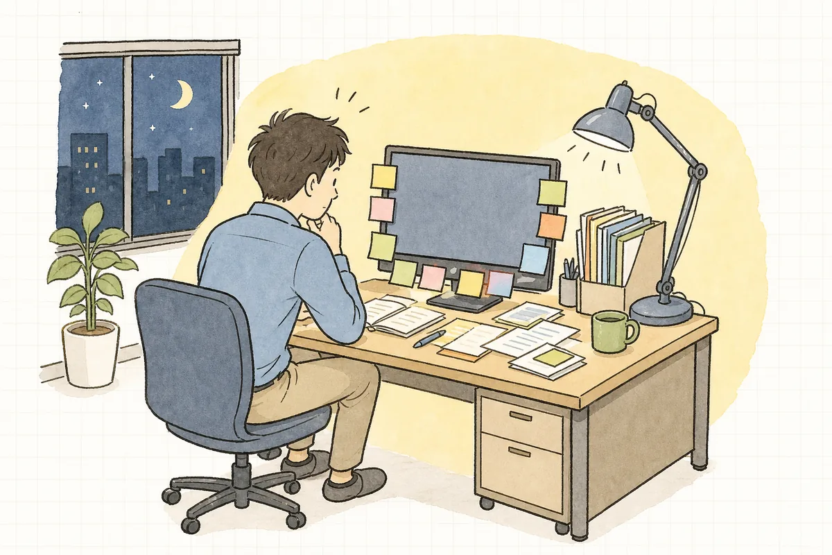 夜のオフィスで、付箋やメモが貼られた机を前に、たくさんの依頼をどう片づけようか少し考え込んでいる一人の企業のWEB担当者