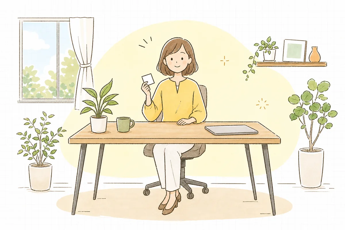 朝の明るいオフィスで、整理されたやることリストを手に、落ち着いた表情で一歩を踏み出そうとする企業のWEB担当者