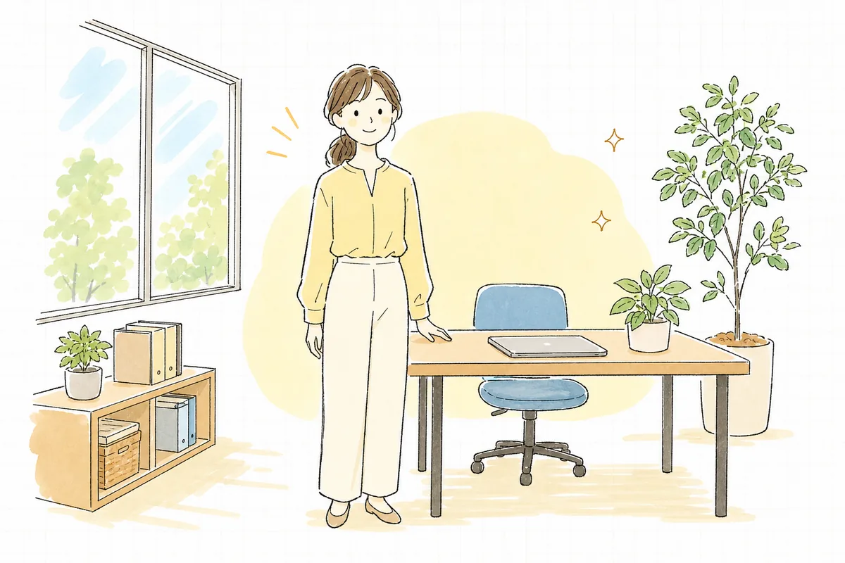 目標の整理を終えて、窓辺で肩の力を抜きながら穏やかに前を向いている企業のWEB担当者