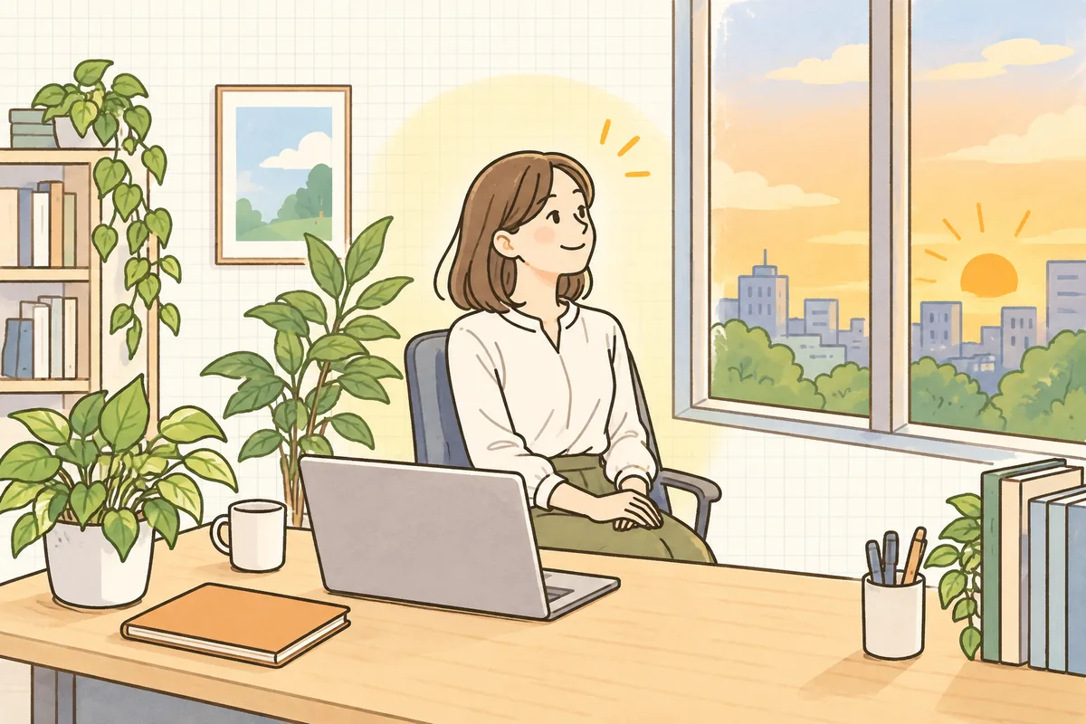 金曜の夕方、短い情報チェックを終えて、すっきりした笑顔でノートを閉じる企業のWEB担当者
