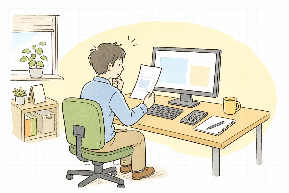 机の上に広げた制作会社の見積書とパソコンを見比べながら、金額が妥当か考え込んでいる企業のWEB担当者