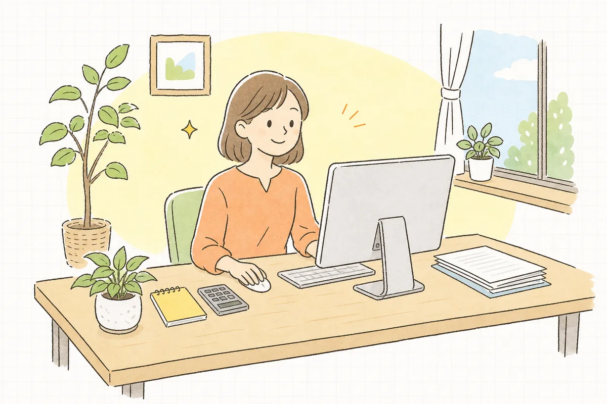 見積書の確認を終えて、すっきりした表情でパソコンに向かう企業のWEB担当者