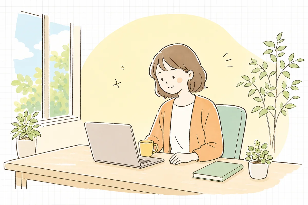 プラグインの一覧を整理し終えて、片づいた机で肩の力を抜き、穏やかな表情でひと息ついている企業のWEB担当者