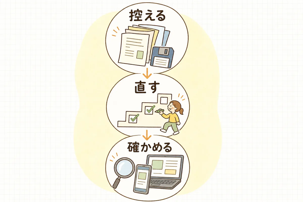 WordPress更新を「バックアップ→順番に更新→表示確認」の3ステップで上から順に進める流れの図