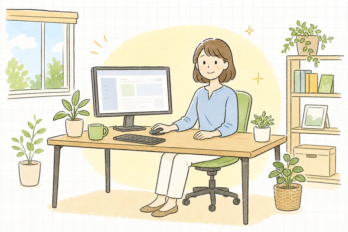 更新を終えて、すっきりした管理画面を前に落ち着いた表情で前を向いている企業のWEB担当者