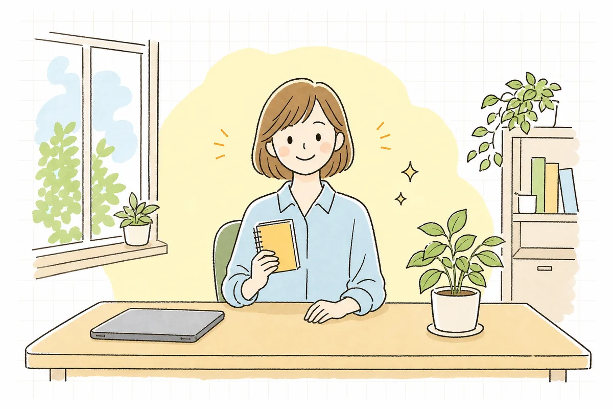 明るいオフィスで、サイトマップの送信を終えてメモを片手に穏やかに前を向いている企業のWEB担当者
